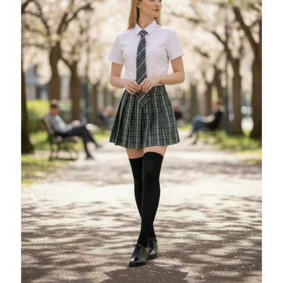 Plaid School Girl Costume Set M Includes Skirt Tie Bow & Black Thigh-High Stocki - Picture 1 of 7
